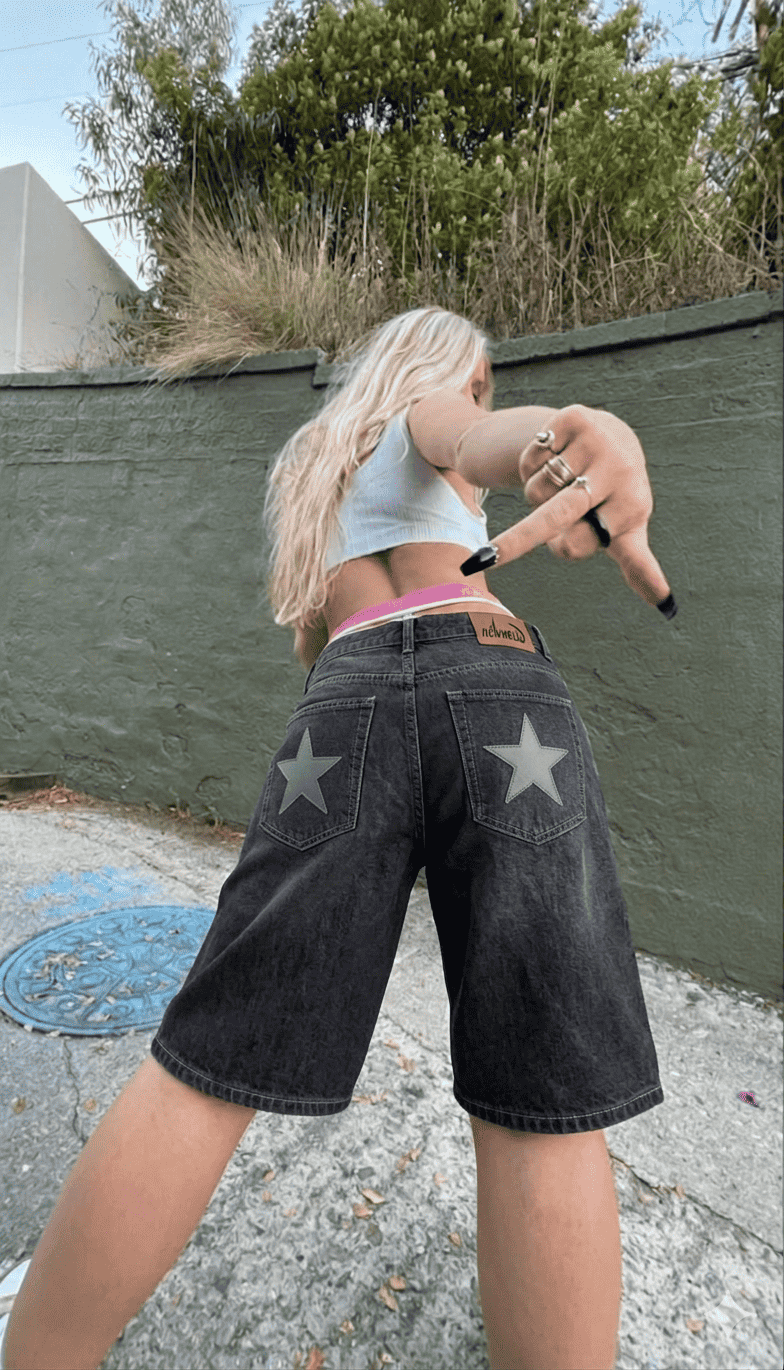 HEAVHELL ASH STAR DENIM SHORTS