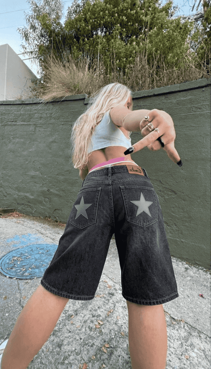 HEAVHELL ASH STAR DENIM SHORTS