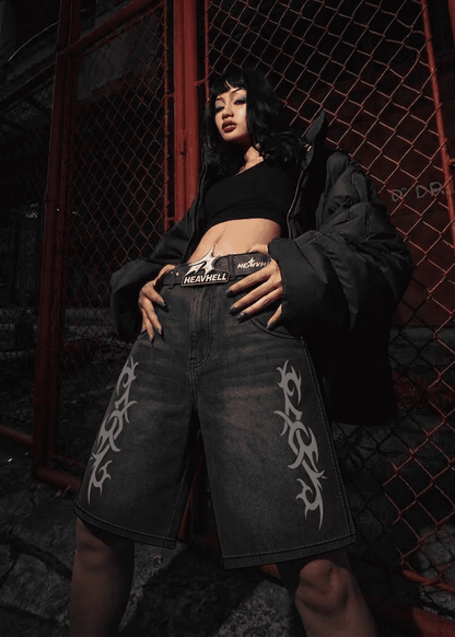 HEAVHELL ASH STAR DENIM SHORTS